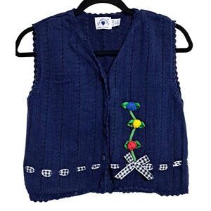 Vintage Hartstrings Girls Knit Vest Navy Blue 10/12 Floral Applique & Gingham Bo